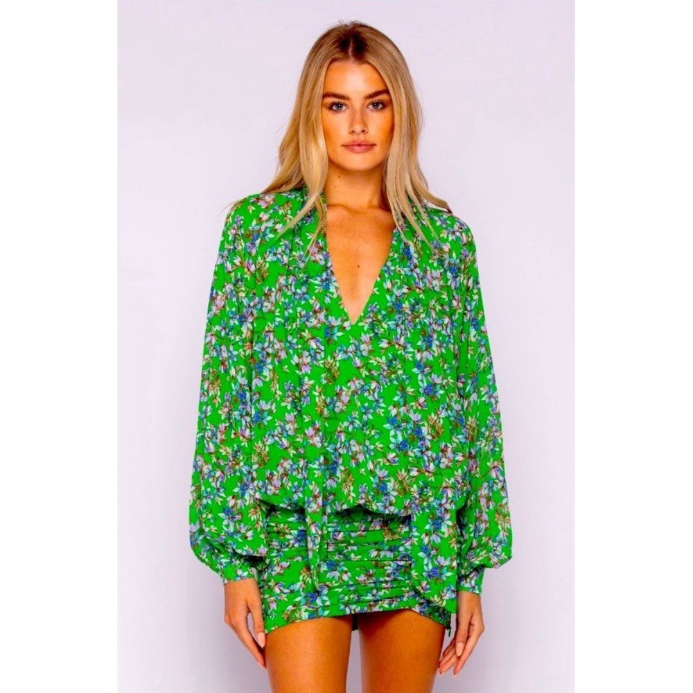 Skylar + Madison Women's Green Blue Floralβ Dress Sz S Small Ruched Mini Skirt